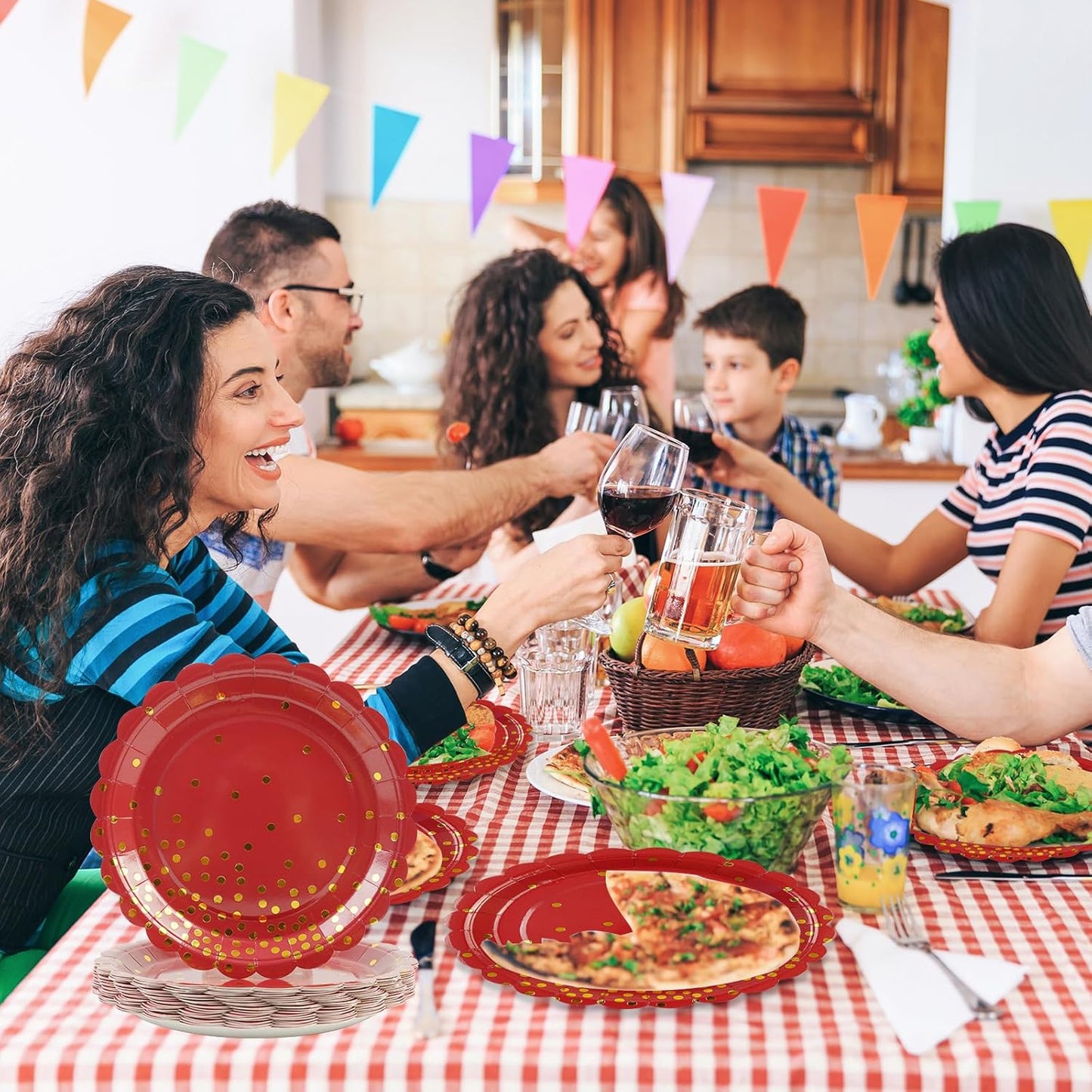 50PCS Red Paper Plates, 7 Inch Scalloped Red and Gold Party Plates Disposable Foil Polka Dots Dessert Plate Cake Plate for Wedding Baby Shower Birthday Anniversary Bachelorette Dinner BBQ