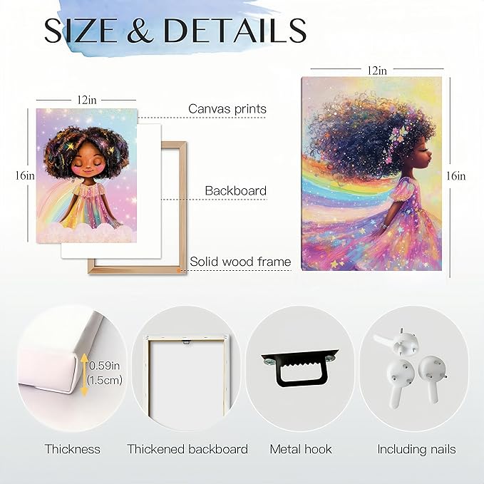 Black Girl Princess Wall Art, Rainbow Hair Girl Painting,Cute Afro Girls Art,Cute Black Girl Nursery Art,Whimsical Rainbow Art Print Set Poster,Black Kids Canvas Prints,Framed12 x 16inches X3piece
