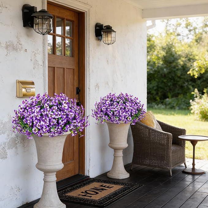 24 Pcs Artificial Fake Pansy Flowers for Outdoor,Faux Silk Plants Flowers UV Resistant Pansies Spring Flowers for Planter Front Door Porch Yard Patio garden Window Box Home Decor(Purple White)