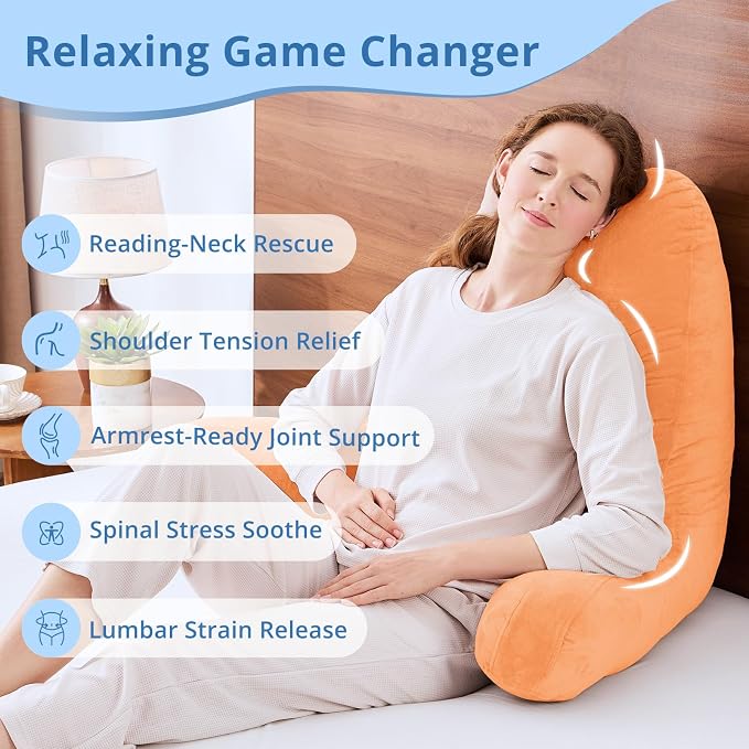 Sasttie 25-inch Reading Pillows for Sitting in Bed Adult, Jumbo Velvet Back Pillow Bed Sitting Up, XL High Back-Rest Support Cushion for Sit Up on Couch & Floor, Oeko-Tex Certified, Orange