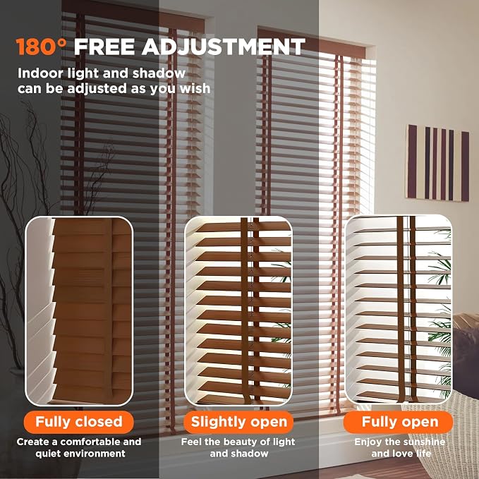2" Slats Wood Blinds for Indoor Windows: Solid Wooden Blackout Blinds & Shades,Black Out Privacy Horizontal Blinds for Home Bedroom Bathroom Living Room Windows and Doors 34.5" WX36 H Brown