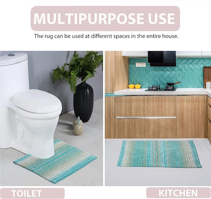 Home Weavers 100% Cotton Gradiation Collection Bathroom Décor | Washable Rug | Bathroom Mat | Kitchen Mat | Bathroom Rug Set | Bath Mat Set | Bath Floor Mat Non Slip, 2 Piece Set(S+M), Turquoise
