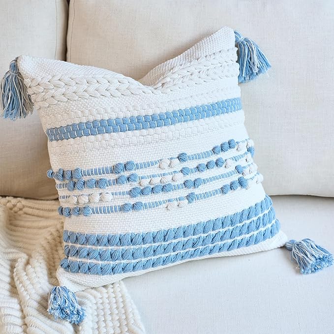 DEZENE Handmade Decorative Pillow Cover Boho Accent Woven Textured Square Throw Pillow Case for Couch Sofa Farmhouse Living Room Home Decor 18"x18" Sky Blue
