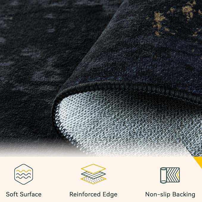 RELEANY Washable Area Rugs 8ft Non-Slip Modern Abstract Soft for Living Room Entryway Bedroom Nursery, Print Pattern, Dark Black Gold