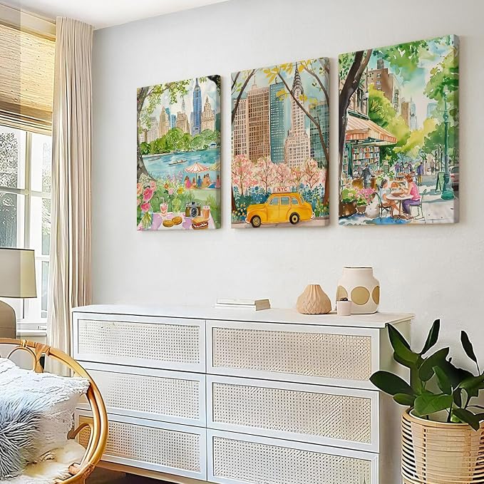 SYYANKK Watercolor New York City Wall Art NYC Canvas Poster Travel Wall Decor NYC Painting Central Park Picture New York Landmarks Artwork for Bedroom Living Room 12x16x3 Inch Ready to Hang