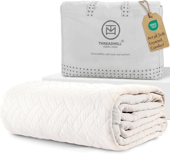 Threadmill Luxury Cotton Blankets for Twin Size Bed | All-Season 100% Cotton Twin Blanket for Bed | Criss Cross Jacquard Lightweight, Soft & Cozy Coverlet, 350GSM, 68 x 90 inches | Vanilla Cream