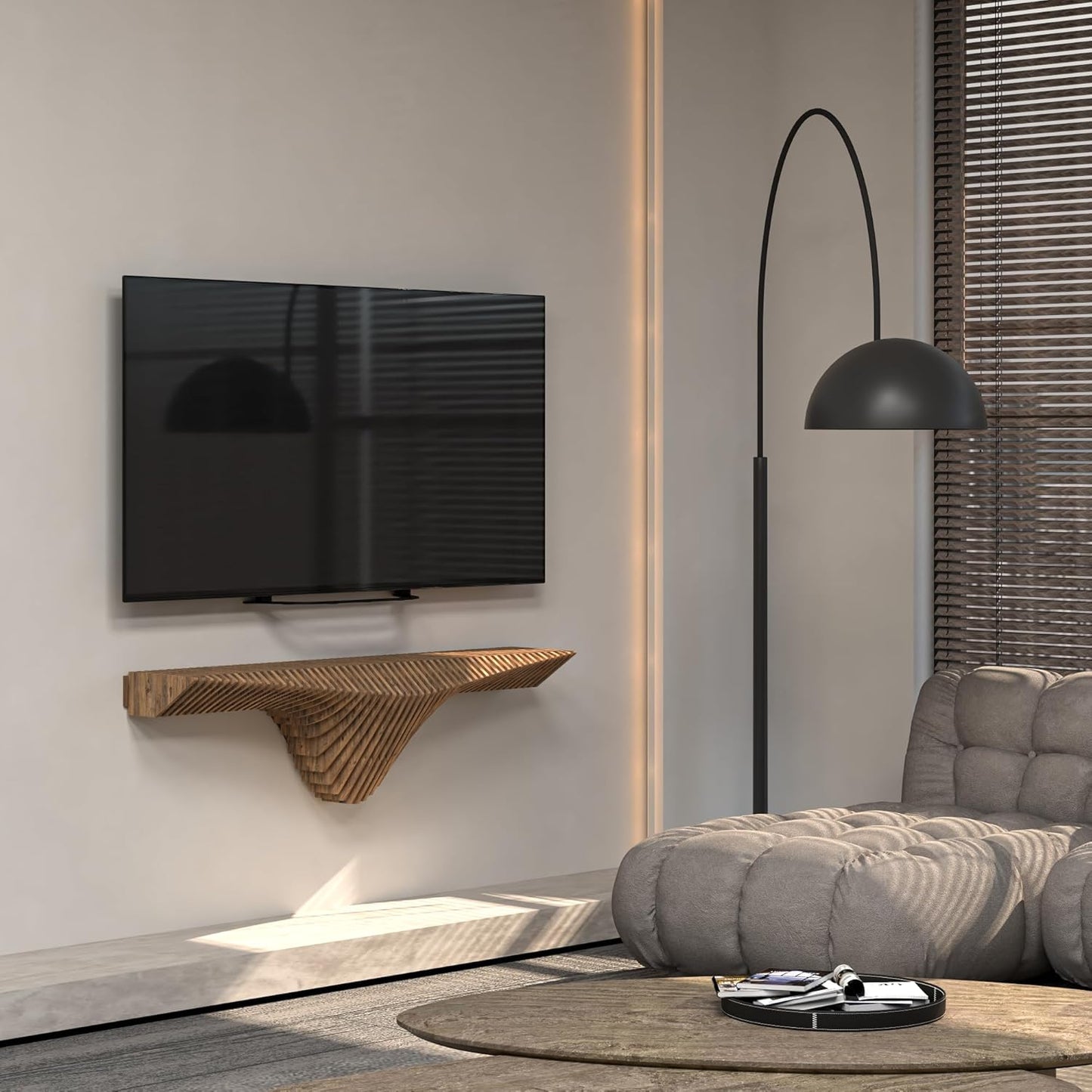 Parametric 50 inch Floating Shelf TV Unit Modern Geometric Wooden Wall Piece Decor Natural Oak Color 3D Wavy Living and Gaming Room Shelf