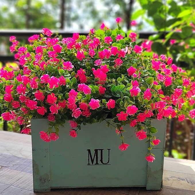 Grunyia 12 Bundles Artificial Flowers for Outdoors, UV Resistant Fake Flowers with Plastic Plants, Faux Flowers for Outside Window Box Front Porch Hanging Planter Decor (Pink)