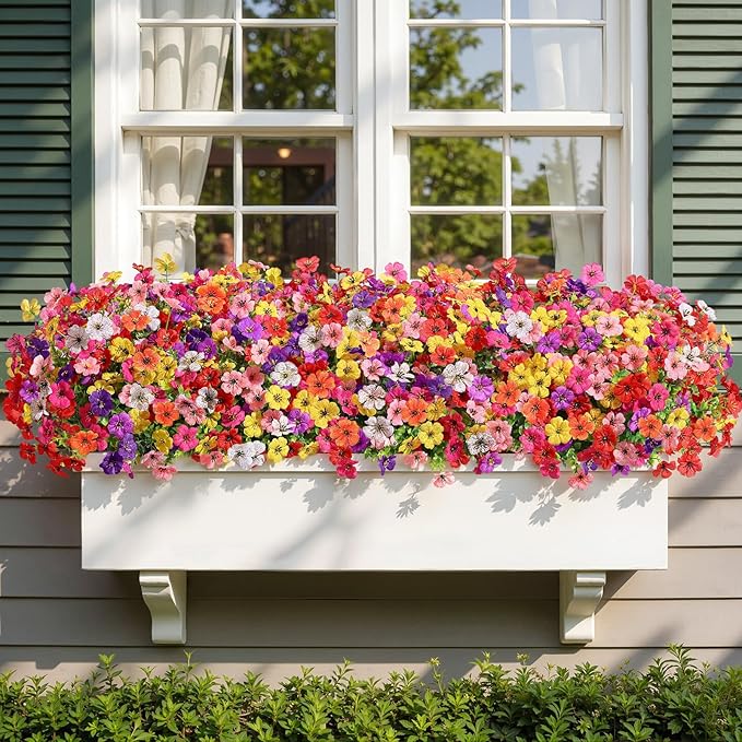 Alupssuc 24 Bundles Artificial Flowers for Outdoors Decoration, UV Resistant Silk Faux Daisy Flora Spring Fake Plastic Plants Greenery for Outside Indoor Yard Home Porch Window Box Decor, Mix 8 Colors