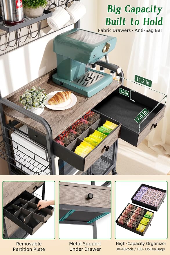 Coffee Bar Cabinet with Storage, Coffee Cart with Wheels, Coffee Station with Coffee Bar Sign and Mug Hook, Corner Coffee Bar Table with Drawer, Bakers Rack for Kitchen Dining Room Living Room Nook