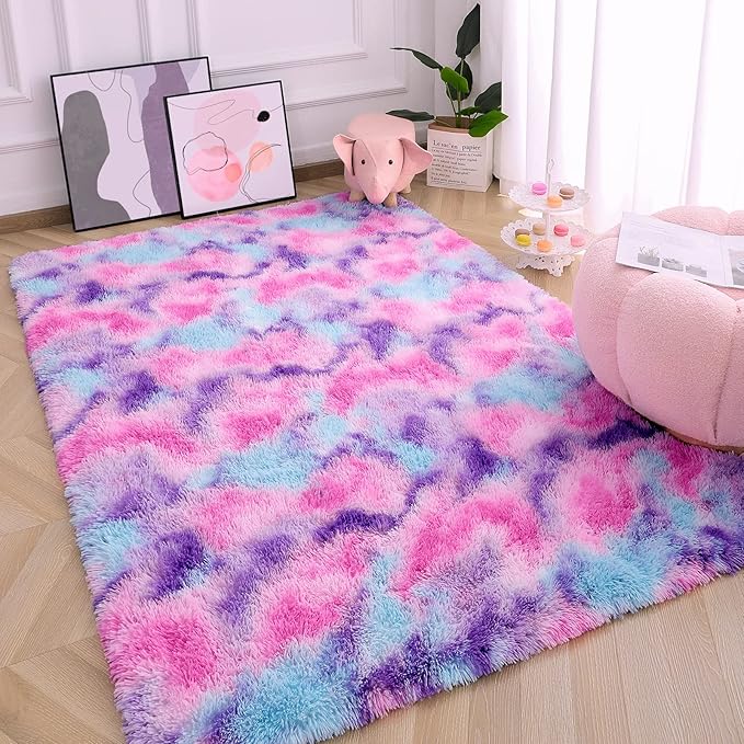 AROGAN Soft Rainbow Area Rugs for Girls Room 5x8 Feet, Fluffy Girls Bedroom Rugs, Princess Rug, Cute Colorful Carpet for Kids Teens Nursery Toddler, Hot Pink