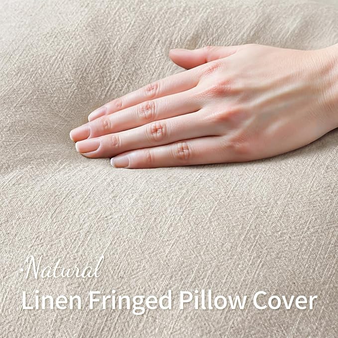 MIULEE Decorative Throw Pillow Covers Neutral Linen Fringe Throw Pillows Euro Shams Set of 2 Natural Beige Boho Farmhouse Cushion Covers for Couch Sofa Bed Living Room Spring Home Decor 22x22 Inch