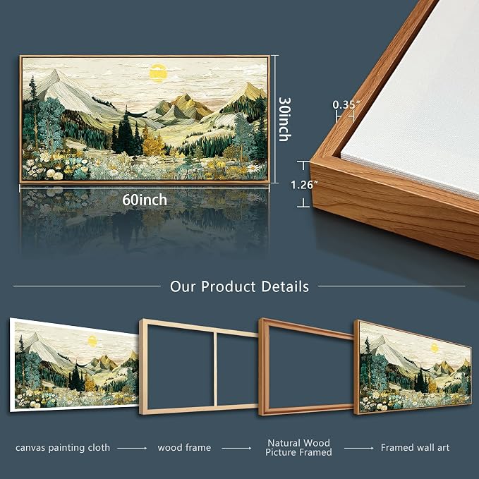 XIGUANGART Mountain Framed Wall Art,Large Canvas Wall Art - Floral Abstract Painting Decor, Vintage Flower Pictures,Modern Farmhouse Landscape Art Prints for Living Room Bedroom Office Home Decoration