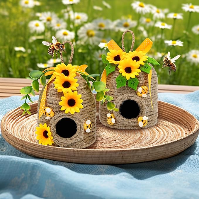 nuvagiki 2 Pack Bee Hive Decor, Farmhouse Bee Decorations with Sunflower, Rustic Bumble Bee Tiered Tray Decor for Kitchen Table, Spring Summer Home Decor