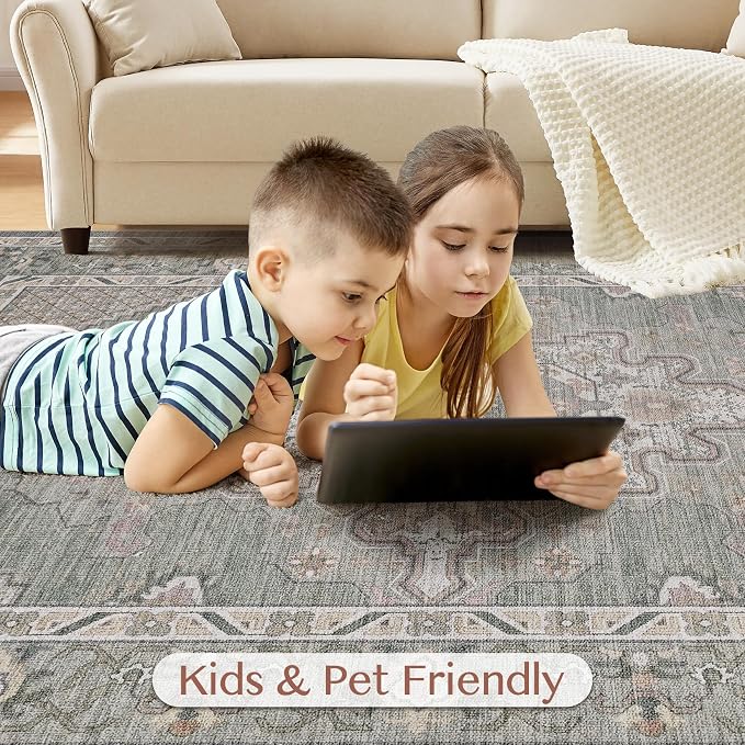 Tortania Area Rug Living Room Rugs - 12x15 Washable Boho Rug Vintage Oriental Distressed Farmhouse Large Thin Indoor Carpet for Living Room Bedroom Under Dining Table Home Office - Green Gray