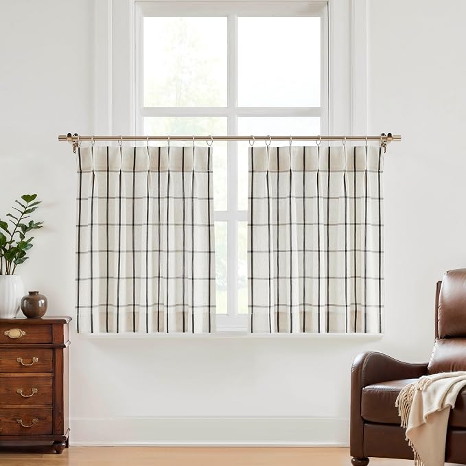 Vision Home Black Plaid Linen Pinch Pleated Tier Curtains 36 inch, Checkered Semi Sheer Kitchen Curtains with Back Tab & Hooks, Light Filtering Small Window Panels for Bathroom Laundry, 25" Wx36 Lx2