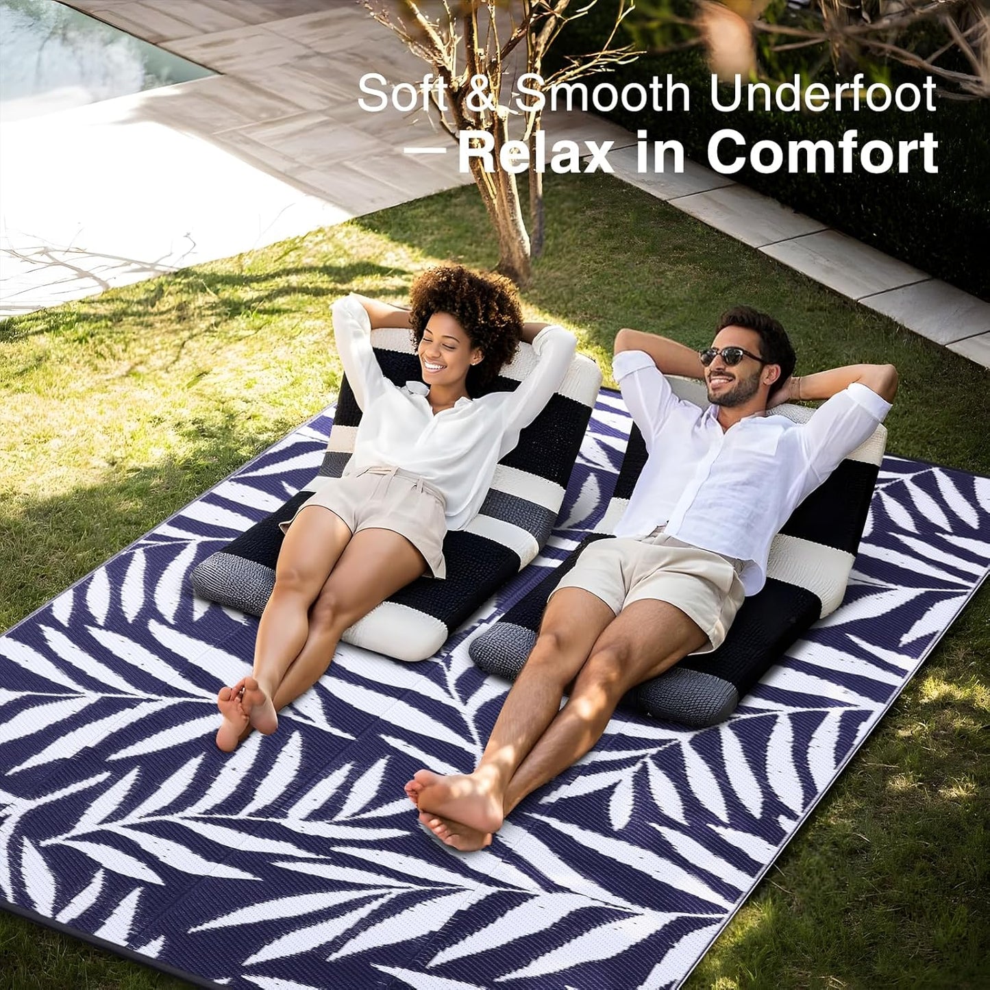 OLANLY Waterproof Outdoor Rug 9x12 ft, Reversible Outdoor Plastic Straw Rug with Leaf Pattern, RV Mat, Indoor Outdoor Carpet for Patio, Camping, Balcony, Deck, Backyard, Navy & White