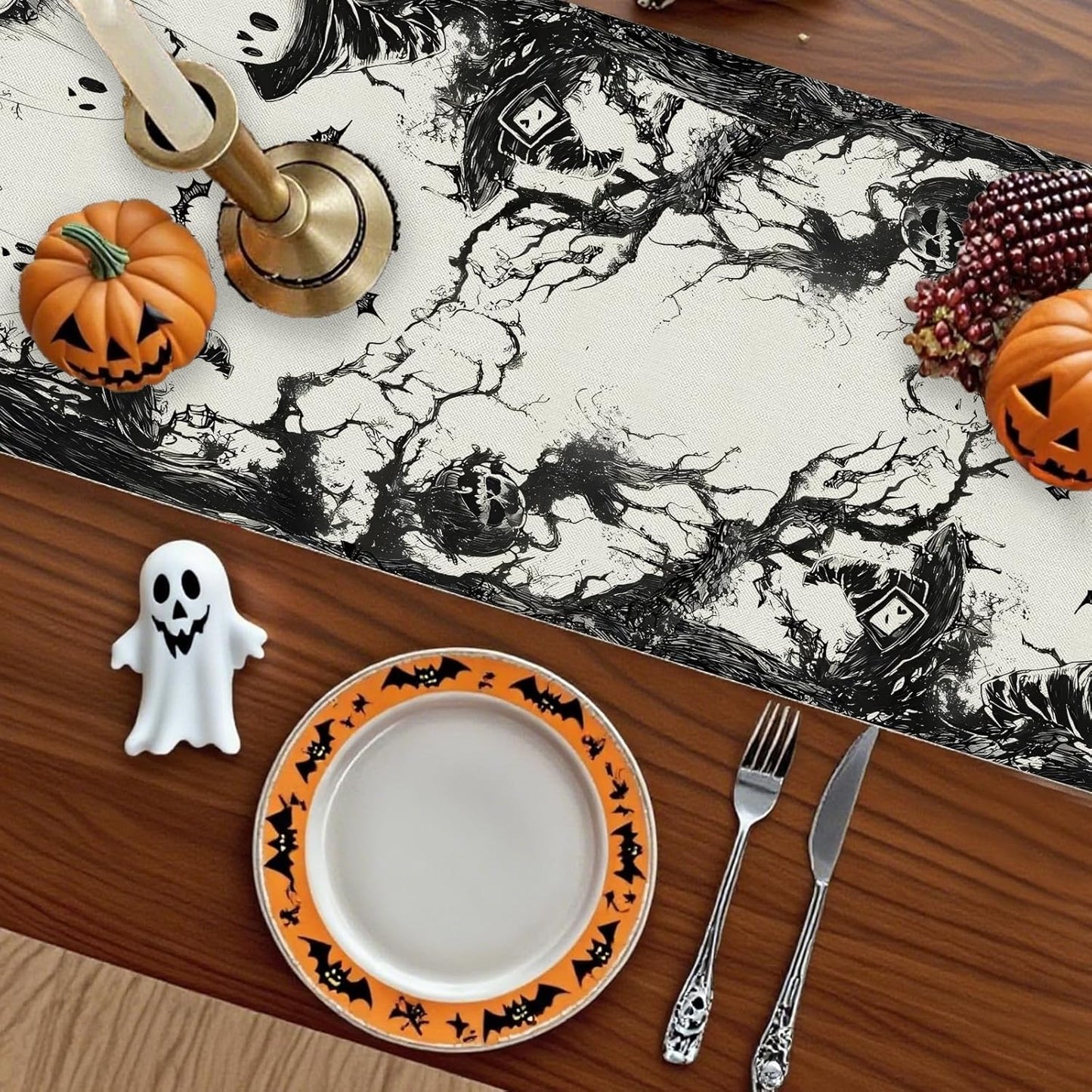 GPGHE Halloween Table Runner Black Ghost Holiday Burlap Table Decoration Indoor Outdoor Home Decor Party Supply 13 x 48 Inch