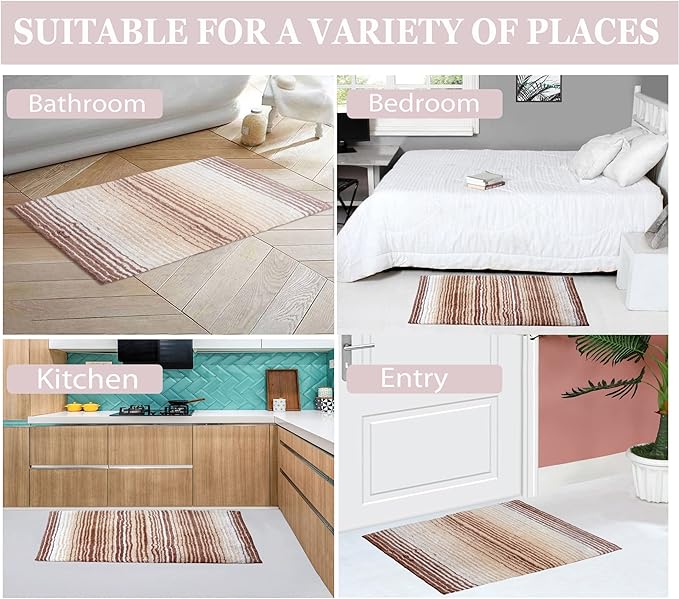 Home Weavers 100% Cotton Gradiation Collection Bathroom Décor | Washable Rug | Bathroom Mat | Kitchen Mat | Bathroom Rug Set | Bath Mat Set | Bath Floor Mat Non Slip, 4 Piece Set with Runner, Beige
