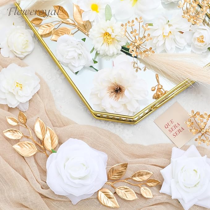 Floweroyal Artificial Flowers Combo Pure White Flowers Mix Silk Flowers Fake Roses with Stems for DIY Wedding Bridal Bouquets, Baby Shower, Floral Arrangement, Table Centerpieces, Home Decorations.