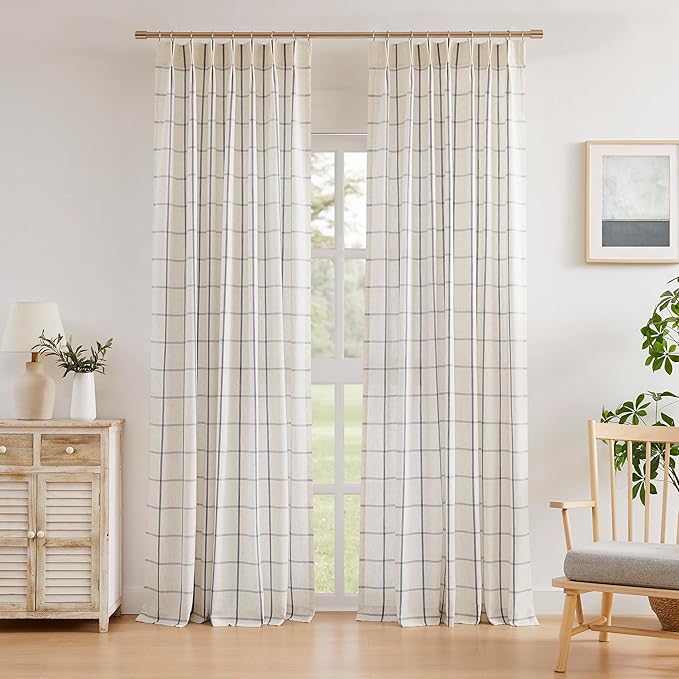 Vision Home Blue Plaid Linen Pinch Pleated Semi Sheer Curtains Checkered Light Filtering Window Panels 108 inches Long for Living Room Bedroom Rustic Pleat Drapes with Back Tab Hooks 40" Wx108 Lx2