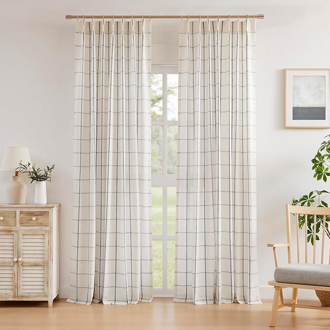 Vision Home Blue Plaid Linen Pinch Pleated Semi Sheer Curtains Checkered Light Filtering Window Panels 84 inches Long for Living Room Bedroom Rustic Pleat Drapes with Back Tab Hooks 60" Wx84 Lx2