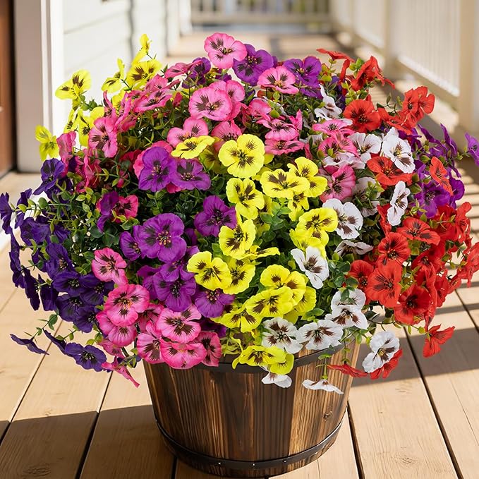 24 Pcs Artificial Fake Pansy Flowers for Outdoor,Faux Silk Plants Flowers UV Resistant Pansies Spring Flowers for Planter Front Door Porch Yard Patio Garden Window Box Home Decor(6 Color)