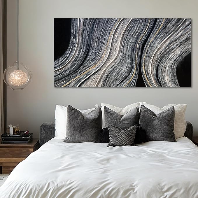 ZUNARE Modern Abstract Canvas Wall Art with Blue Gray and gold Linear Design, Minimal Tonal Artwork Creating a Peaceful Atmosphere for Bedroom Living Room Office Kitchen 24"x48"