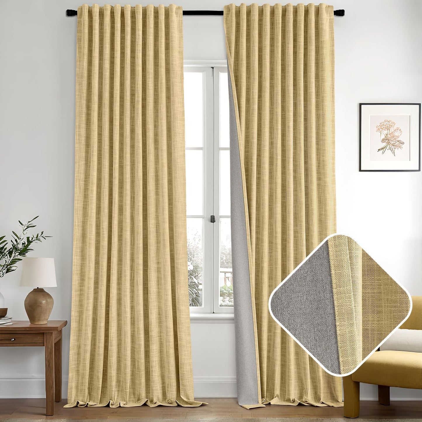 MIULEE Yellow 100% Blackout Linen Curtains 90 Inch 2 Panels Set Double Sided No Coating Pleated Back Tab Black Out Long Thermal Insulated Pinch Pleat Bedroom Living Room Darkening Window Drapes