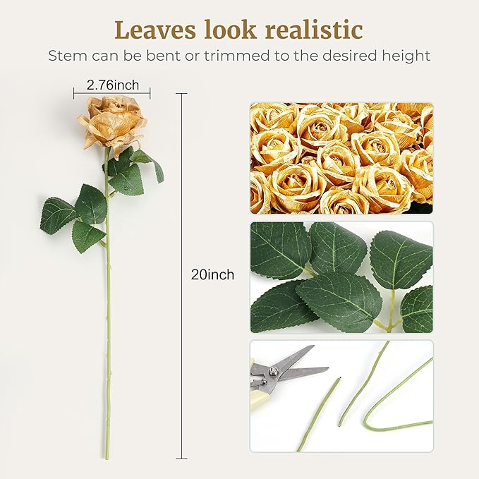 Auihiay 60PCS Gold Rose Artificial Flowers, Faux Silk Roses, Realistic Roses Bouquet for Anniversary, Baby Shower, Birthday, Graduation, Table Centerpieces, New Year's, Valentine's Day Decorations