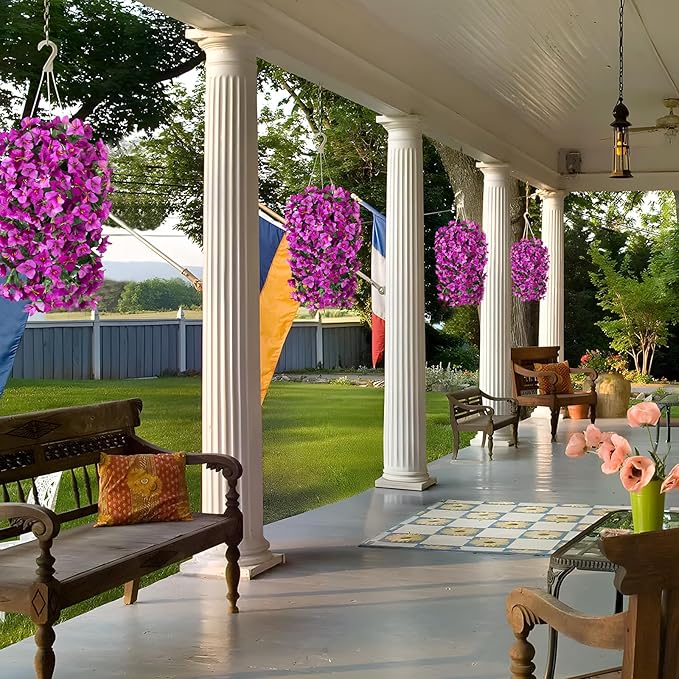 INXUGAO 2 pcs Artificial Faux Bougainvillea Flowers Plants for Outdoor Outside Summer Decoration, Fake Silk UV Resistant Long Trailing Vines for Front Door Porch Planter Balcony (Double Lotus)
