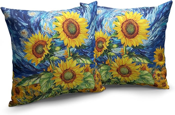Sunflower Pillow Covers 18x18 Set of 2 Van Gogh Starry Night Throw Pillow Covers Oil Painting Sunflowers Pillow Case Spring Summer Cotton Linen Cushion Case for Sofa Garden Patio