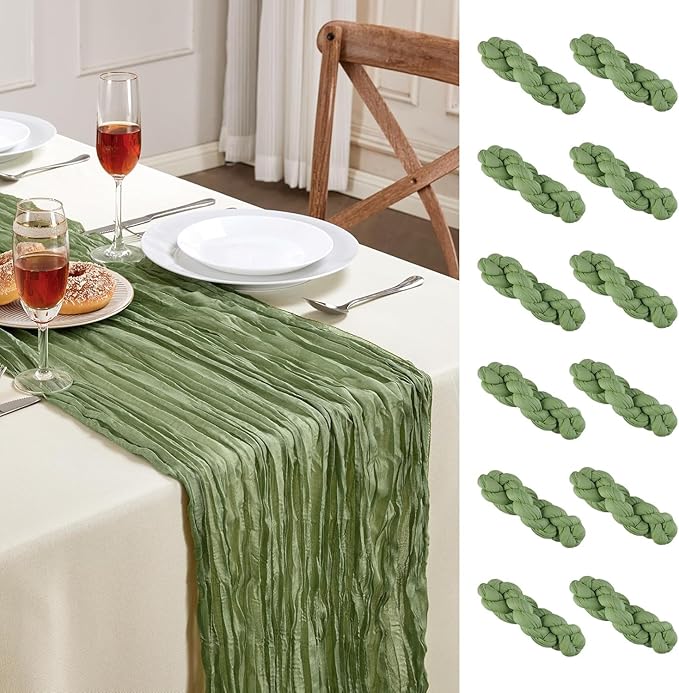 12 Pack Sage Green Cheesecloth Table Runner 10FT Long Easter Spring Boho Gauze Table Runner Rustic Sheer Runner for Wedding Bridal Baby Shower Birthday Party Table Decor Home Easter Thanksgiving Decor