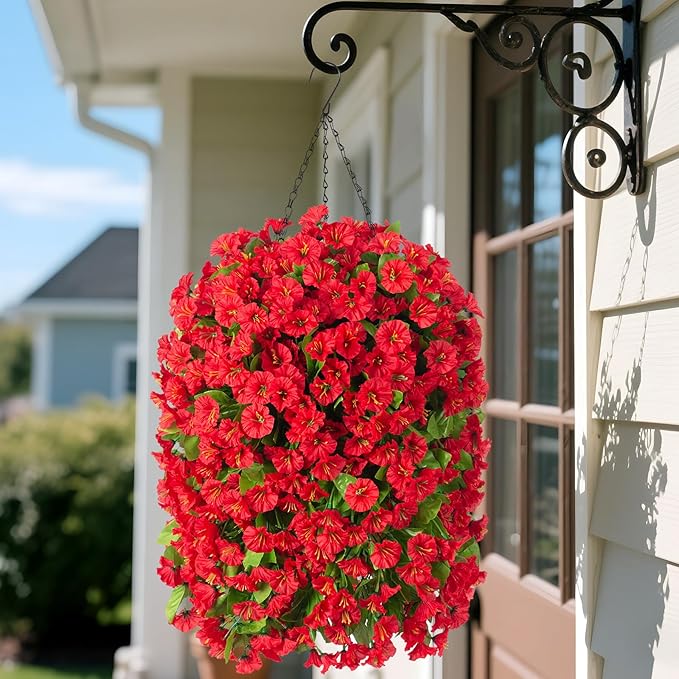Ammyoo Artificial Faux Hanging Flowers Basket for Spring Summer Outdoor Outside Porch Decoration, Fake Silk Colorful Morning Glory Eucalyptus UV Resistant Look Real for Home Patio Balcony Yard(Red)