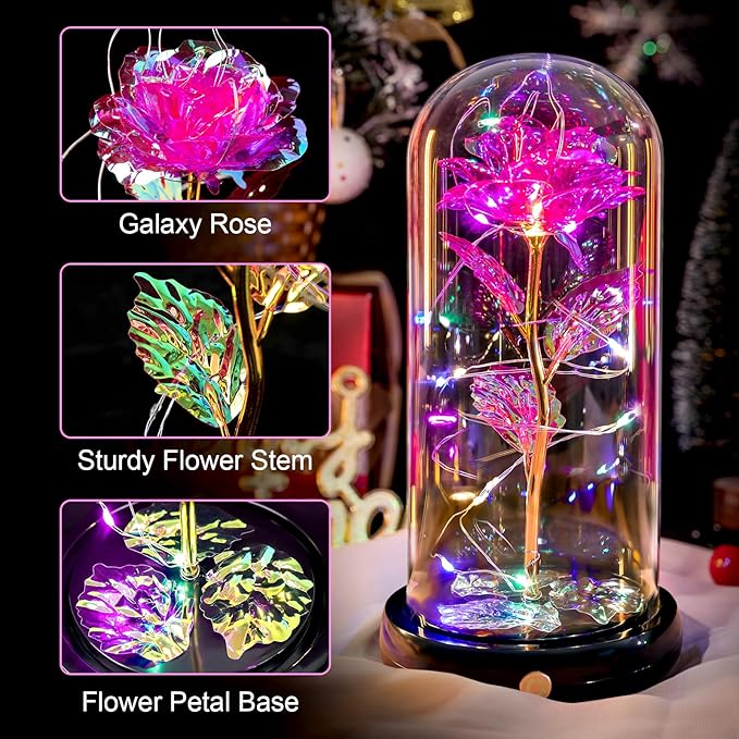 Mothers Day Flowers Gifts for Mom Women Birthday Gift, Rechargeable Galaxy Glass Rose in Glass Dome Forever Crystal Rose Flower Anniversary Mothers Day Roses Gifts for Daughter Wife Women Grandma Pink