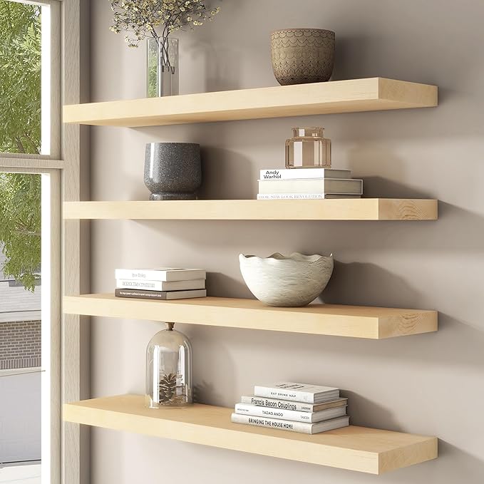 FLYJOE Floating Shelves for Wall, USA-Sourced Maple Wood 55 Inch Long Wall Shelves, Natural Wooden Mounted Picture Ledge Shelf, Nursery Book Storage Shelf Kids Bookshelf, Display Shelf for Bathroom