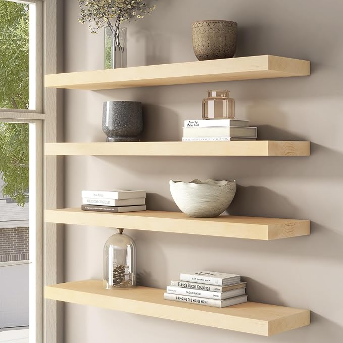 FLYJOE Floating Shelves for Wall, USA-Sourced Maple Wood 48 Inch Long Wall Shelves, Natural Wooden Mounted Picture Ledge Shelf, Nursery Book Storage Shelf Kids Bookshelf, Display Shelf for Bathroom
