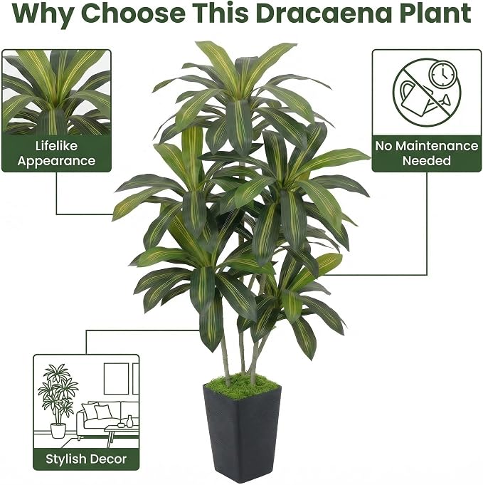 6ft Artificial Dracaena Tree | Realistic Faux Dragon Tree, Silk Tree with Pot, Indoor Home Office Decor For Corner, Modern Floor Plant