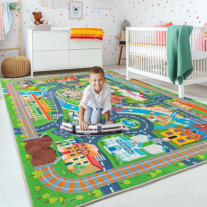 Car Rug Play Mat for Kids Toy Cars, Road Traffic Playmat for Kid Bedroom, Non-Slip Machine Washable Town City Race Track Carpet for Learn and Have Fun 7'x9'/ 84"x108"