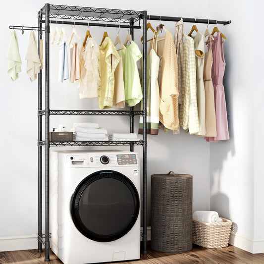 Over Washer and Dryer Shelves,3 Tier Adjustable Wire Shelving Laundry Room Storage Organization Clothes Drying Rack with Mounted on the Wall Expandable Hanger Rods&Hook,55"~74.5"Wx13.4"Dx77"H