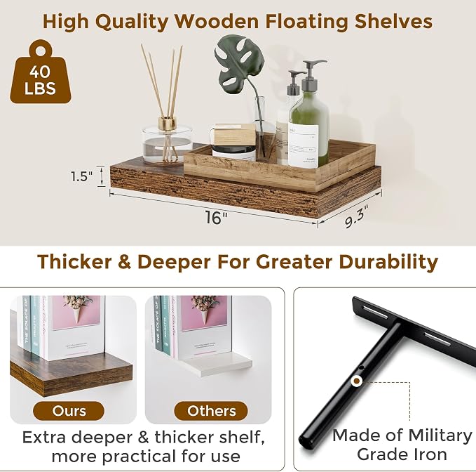 Floating Shelves for Wall, 16 inch Shelves Rustic Wooden Wall Shelves for Storage & Organizer, Deep Farmhouse Shelves for Bathroom Living Room Kitchen Bookshelf, 16 x 9.3 x 1.5 in, 2 Packs