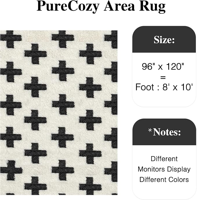 PureCozy Modern Rug 8x10 for Living Room, Black and White Shag Rug Washable Non-Slip Large Area Rug Super Soft Indoor Fuzzy Carpet Fluffy Rugs for Bedroom Home Aesthetic Decor