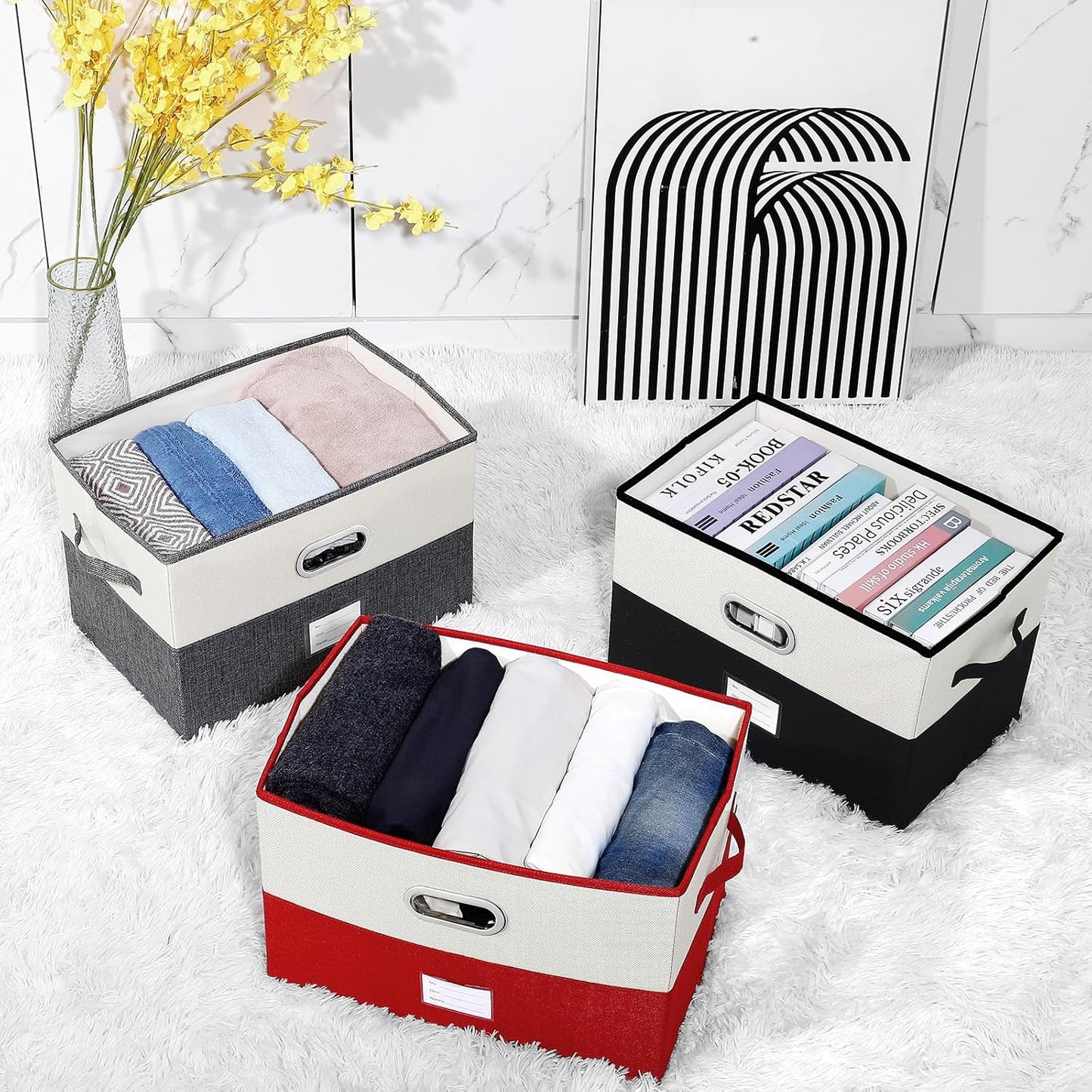 Large Linen Fabric Foldable Storage Bins with Removable Lid and Handles, Washable Storage Box Organizer Containers Baskets Cube with Cover for Bedroom,Office(Red&Cream, Large)