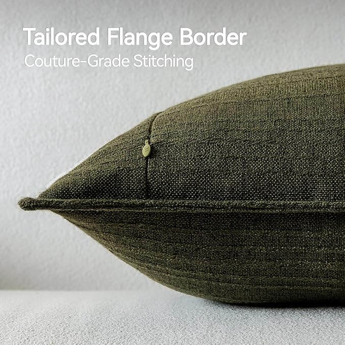 a moment Linen Pillow Covers Set of 2,Boho Farmhouse Throw Pillowcases Neutral Textured Decorative Covers for Couch Sofa,Linen Blend Accent Case Cushion Living Room Home Decor 18"x18"Dark Green