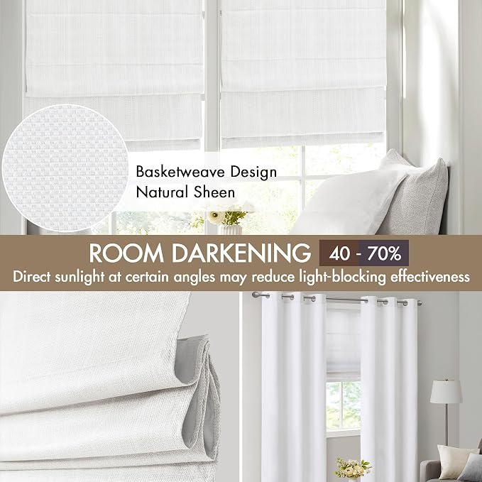 Madison Park Galen Cordless Roman Shade, 35W x 64"H, Sheen White – Room Darkening, Thermal Insulated, Energy Efficient Window Blind with Subtle Sheen Basketweave Fabric for Privacy