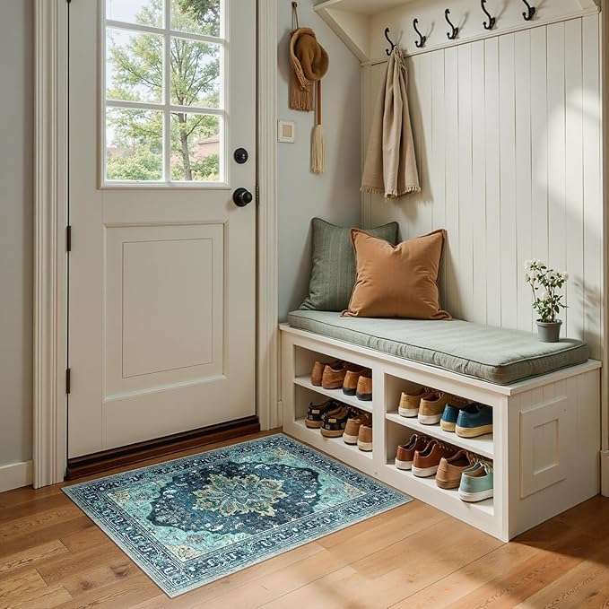 RELEANY Area Rugs 2'x3' Kitchen Rugs Entry Rug Small Rugs for Entryway Kitchen Bathroom Door Mat Indoor Entrance,Washable Non Slip, Teal Green Lake Blue Turquoise