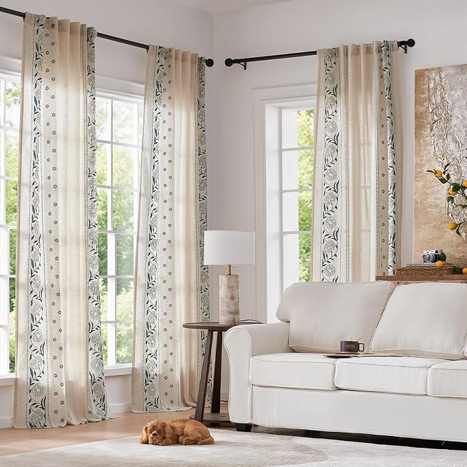 jinchan Winslow Linen Curtains for Bedroom 90 Inches Length Embroidered Bordered Floral Curtains for Living Room Farmhouse Decor Light Filtering Window Treatments Blue on Beige Drapes 2 Panels