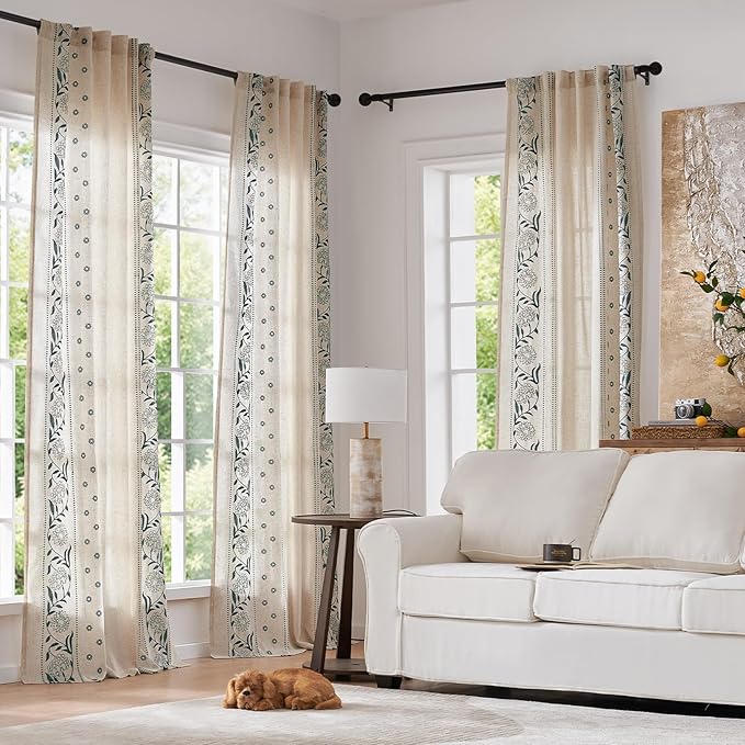 jinchan Winslow Linen Curtains for Bedroom 72 Inches Length Embroidered Bordered Floral Curtains for Living Room Farmhouse Decor Light Filtering Window Treatments Blue on Beige Drapes 2 Panels