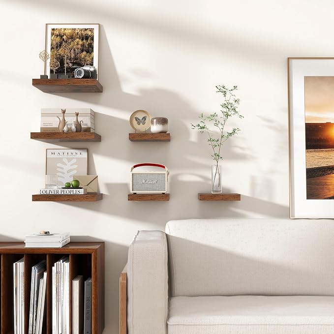 8"x8" Square Floating Shelves for Wall, Rustic Brown Finish, 3-Pack | Engineered Wood Wall Shelves with Invisible Brackets for Living Room, Bedroom, Bathroom, Office & Kitchen Storage