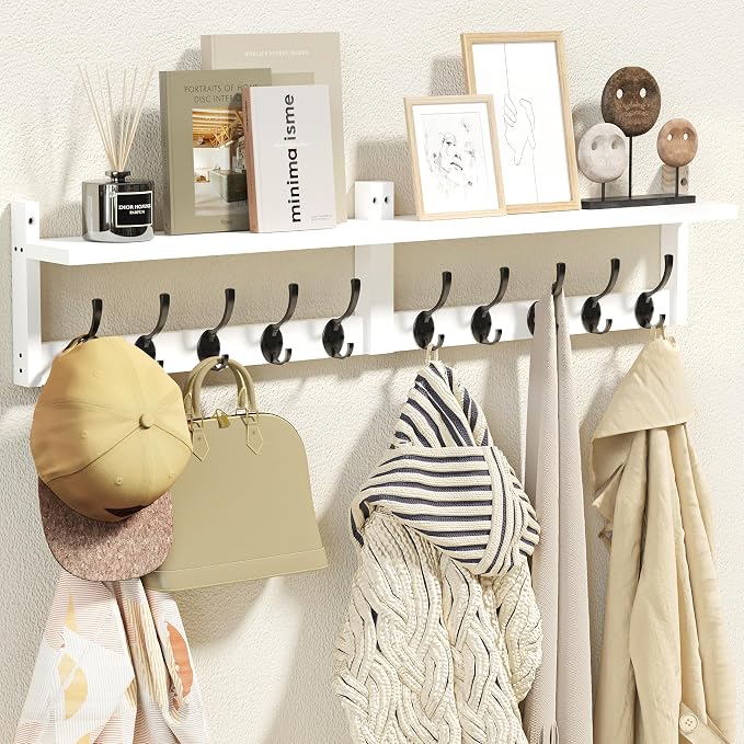 AMBIRD 34.2" L Wooden Wall Coat Hooks with Shelf - Versatile and Decorative Wall-Mounted Storage - 10 Hooks for Hanging Coats, Hats, Keys, Bags, Scarves - Ideal for Entryways, Bedrooms, Closets(White)